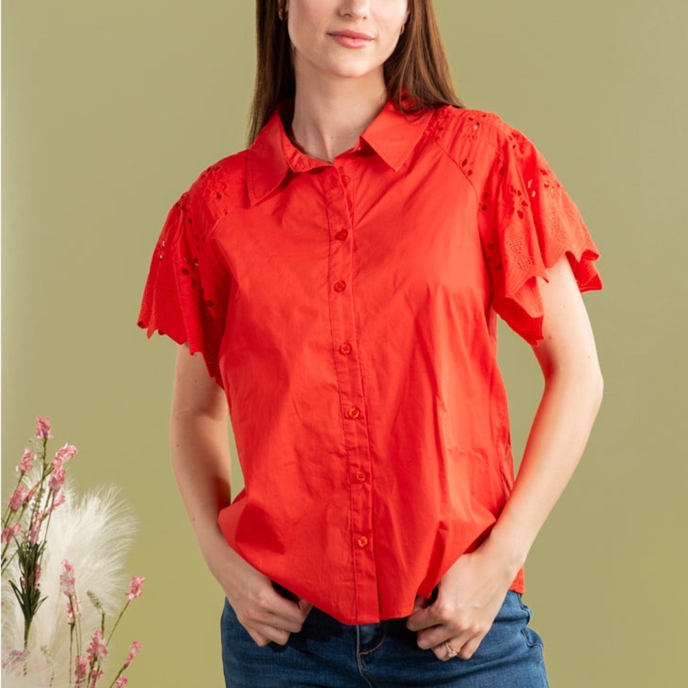 Red Puff Sleeve Button Down Shirt with Dress Shirt Collar
